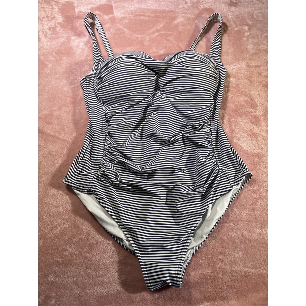 Nip Tuck One Piece Swimsuit Navy White Stripes Multi Fit Cups. Sz 12.